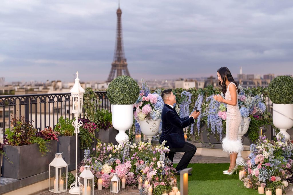 Luxury marriage proposal in Paris, France with Eiffel Tower backdrop