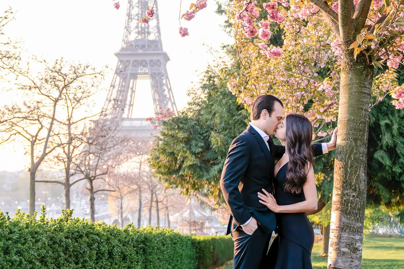 Cherry blossom photo location at Trocadero Gardens Paris with couple during spring photography session